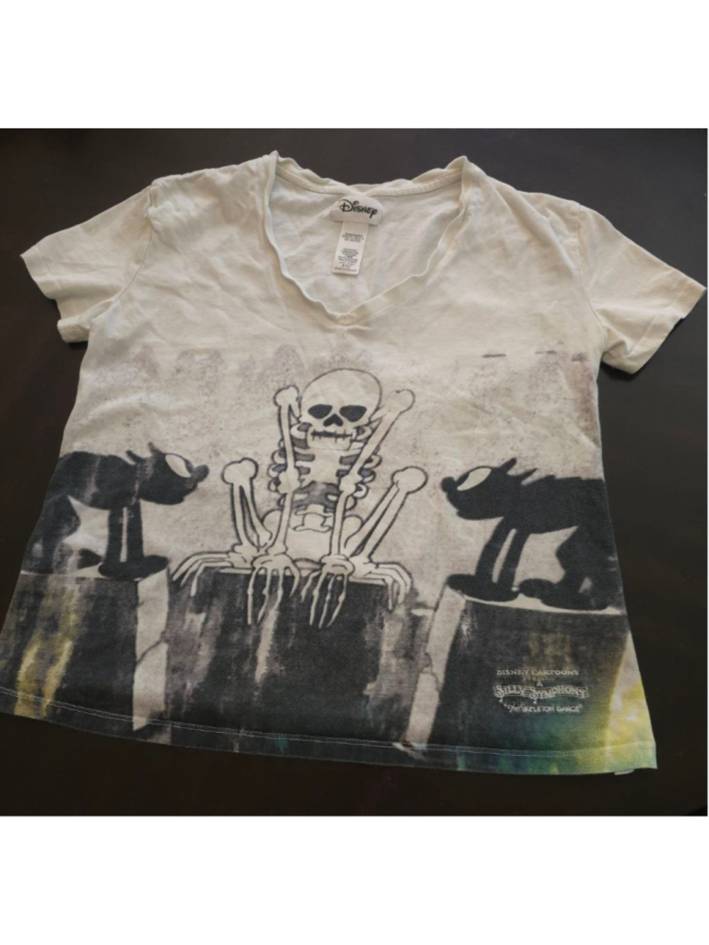 Rare Disney White Black Skeleton Dance Silly Symphony Short Sleeve Tee M V-Neck
